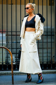 black bra, black shoes, corduroy, cowboy boots, earrings, julia kuczynska, leather shoes, multicolor shoes, sunglasses, white jacket, white skirt, street style, jonathan paciullo, FW, frenchystyle, fashion week, MFW, MILAN, SPRING SUMMER 2019, SS 19, vertical, full length