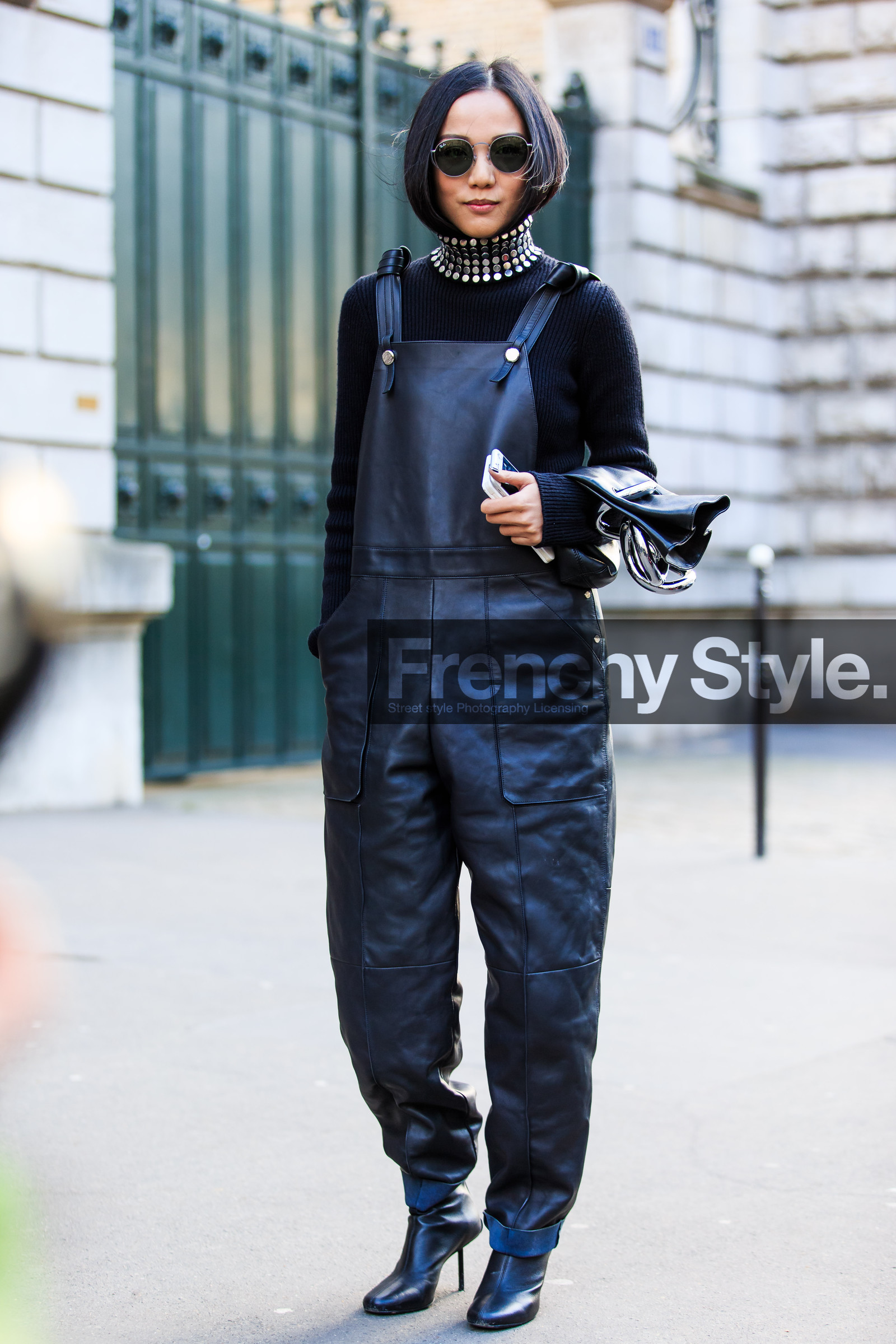 alexander wang, AUTUMN WINTER 2016-2017, AW 16-17, black boots, black jumpsuit, black overall, black sweater, FALL WINTER 2016-2017, fashion week, frenchystyle, full length, FW, FW 16-17, jonathan paciullo, leather boots, leather jumpsuit, leather overall, PARIS, PFW, ray ban, street style, studs, sunglasses, turtleneck sweater, vertical, yoyo cao
