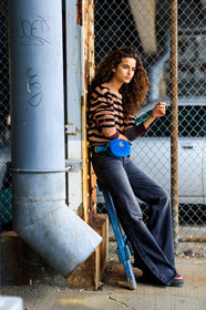 beige sweater, black denim, blue bag, chiara scelsi, denim pants, fanny pack, fashion week, frenchystyle, full length, FW, graphic sweater, gucci, jeans, jonathan paciullo, leather bag, leather shoes, model, NEW YORK, NYFW, red boots, SPRING SUMMER 2018, SS 18, street style, striped sweater, trousers, velvet, vertical