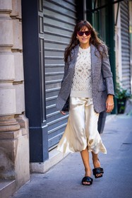 black and white, black mules, blazer, bottega veneta shoes, cateye sunglasses, houndstooth blazer, houndstooth print, knitwear, Laure Hériard-Dubreuil, mules, printed blazer, satin skirt, skirt, sunglasses, white knitwear, white skirt, fashion week, frenchystyle, FW, jonathan paciullo, street style, PFW, PARIS, SPRING SUMMER 2022, SS 22, vertical, full length