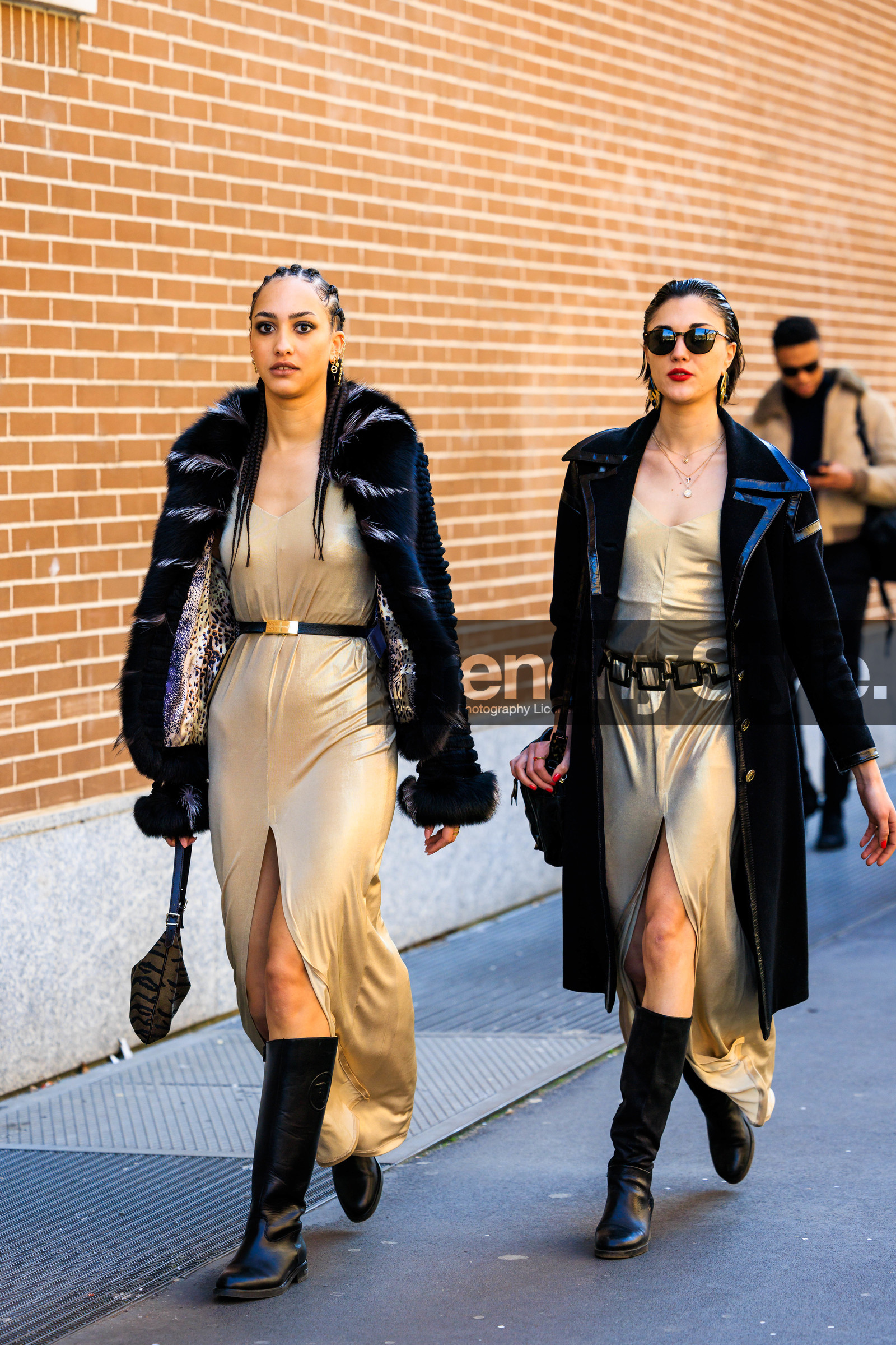 matching looks, furry jacket, black coat, black trench, buttoned trench, beige dress, midi dress, open cut dress, black boots, leather boots, black adidas sweat, leather belt, black sunglasses, fashion week, frenchystyle, FW, jonathan paciullo, street style, MFW, MILAN, FALL WINTER 2022_2023, AUTUMN WINTER 2022-2023, FW 22-23, vertical, full length