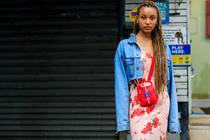 atmosphere details, blue denim, denim jacket, detail, fashion week, floral, flowers, frenchystyle, FW, graphic dress, horizontal, jonathan paciullo, leather bag, NEW YORK, NYFW, printed dress, red bag, red dress, SPRING SUMMER 2018, SS 18, street style