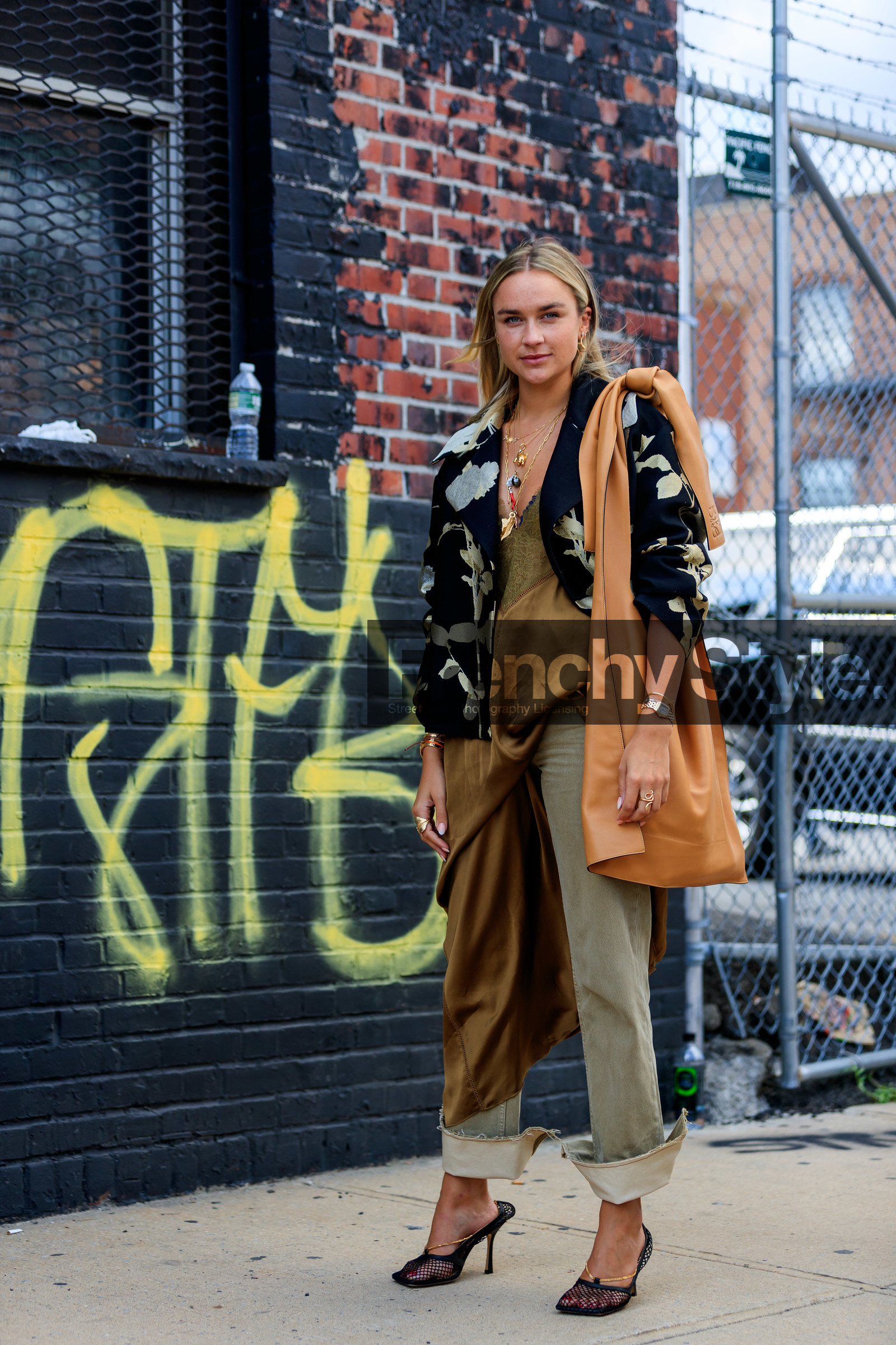 black jacket, black shoes, bottega veneta, bronze, brown dress, camel bag, denim pants, fishnet, floral, flowers, graphic jacket, green pants, high heels, jeans, leather bag, leather shoes, loewe, necklace, nina suess, printed jacket, silk dress, tote bag, trousers, street style, jonathan paciullo, FW, frenchystyle, fashion week, NEW YORK, NYFW, SPRING SUMMER 2020, SS 20, vertical, full length