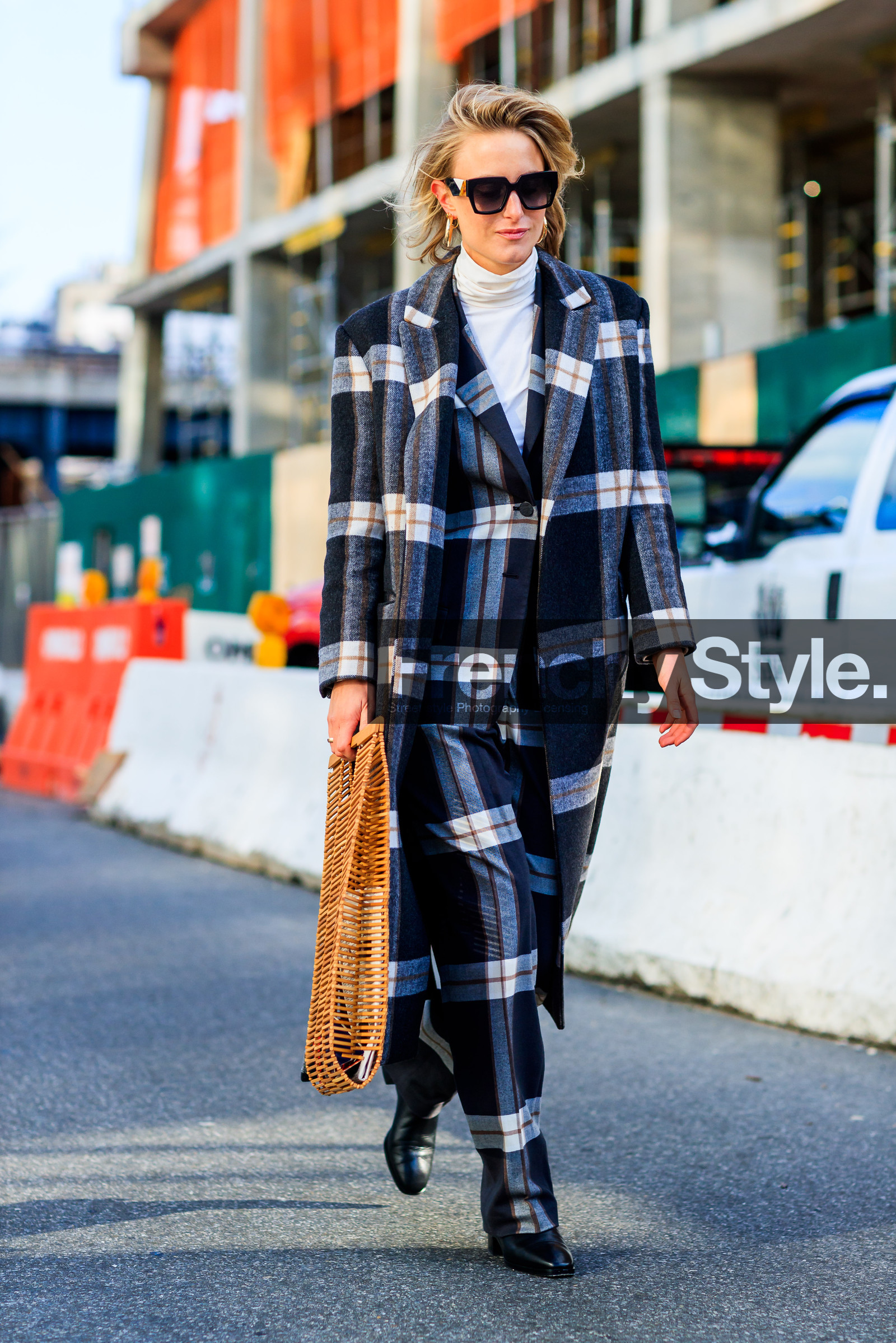 black coat, black pants, black shoes, checked, checked coat, checked pants, graphic bag, graphic jacket, graphic pants, high heels, leather shoes, plaid, printed jacket, printed pants, sunglasses, tartan, trousers, wood bag, street style, jonathan paciullo, FW, frenchystyle, fashion week, NYFW, NEW YORK, AUTUMN WINTER 2018-2019, AW 18-19, FALL WINTER 2018-2019, FW 18-19, vertical, full length, Rebecca Laurey