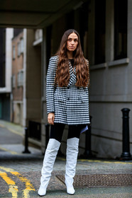 balenciaga, black and white, blazer, checked, erika boldrin, gingham, graphic jacket, high boots, high heels, leather shoes, plaid, printed jacket, white boots, street style, jonathan paciullo, FW, frenchystyle, fashion week, LFW, LONDON, AUTUMN WINTER 2019-2020, AW 19-20, FW 19-20, FALL WINTER 2019-2020, vertical, full length