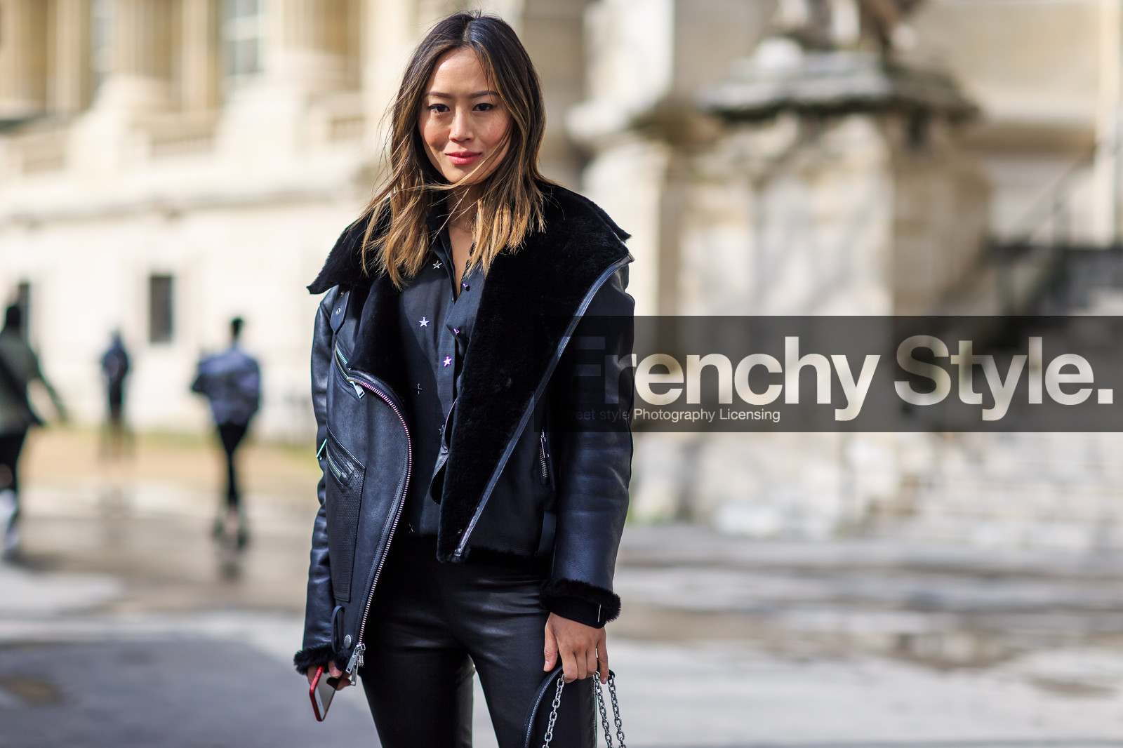 aimee song, atmosphere details, AUTUMN WINTER 2016-2017, AW 16-17, black jacket, black pants, black perfecto, black shirt, detail, FALL WINTER 2016-2017, fashion week, frenchystyle, FW, FW 16-17, horizontal, jonathan paciullo, leather jacket, leather pants, leather perfecto, PARIS, PFW, printed shirt, shearling, stars, street style, tone on tone, total look black