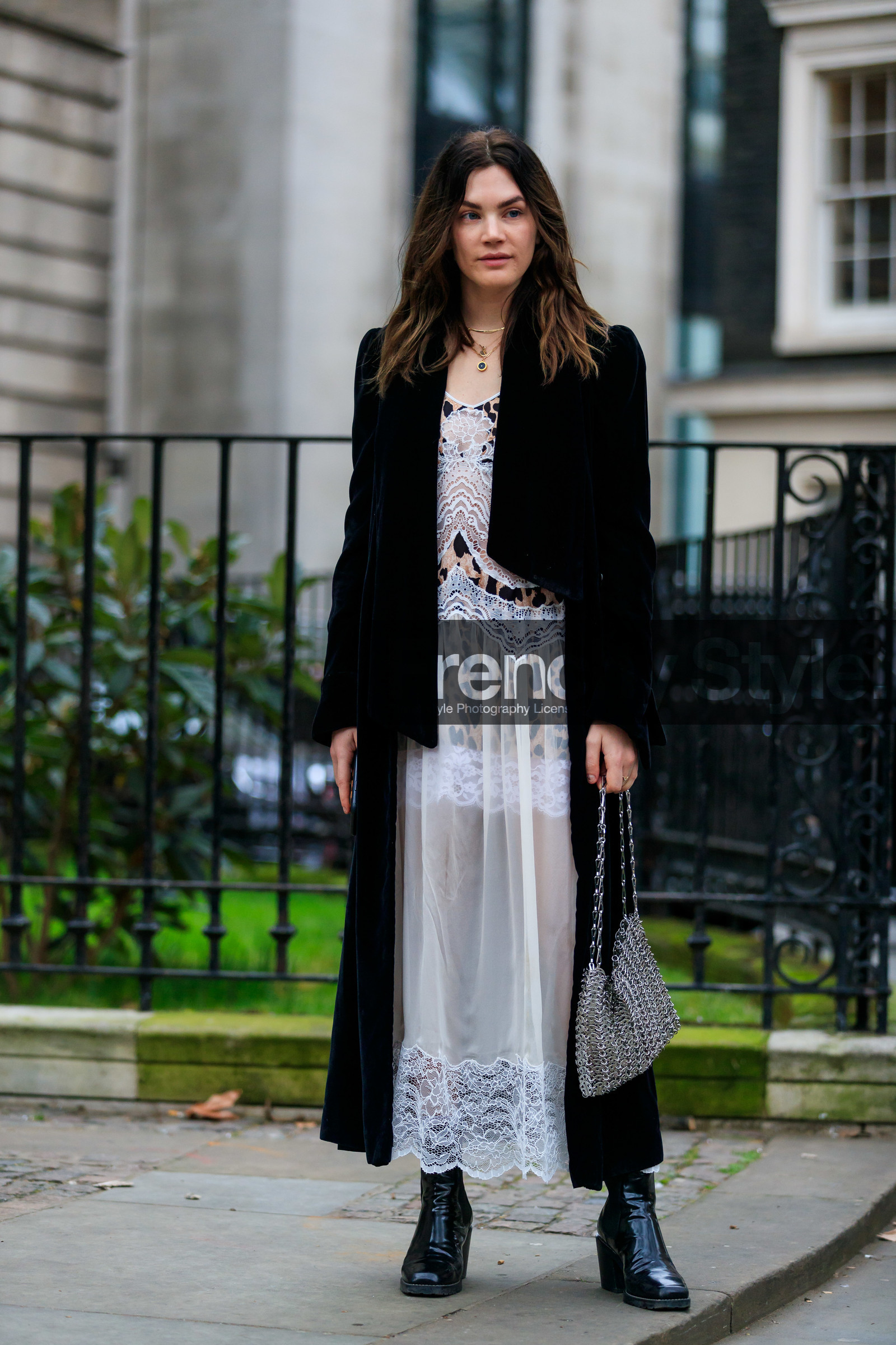 animal print, black coat, black shoes, graphic dress, high heels, lace, leather bag, leather shoes, leopard, madelynn furlong, metallic bag, paco rabanne, printed dress, silver bag, white dress, LONDON, LFW, fashion week, frenchystyle, FW, jonathan paciullo, street style, AUTUMN WINTER 2019-2020, AW 19-20, FW 19-20, FALL WINTER 2019-2020, vertical, full length