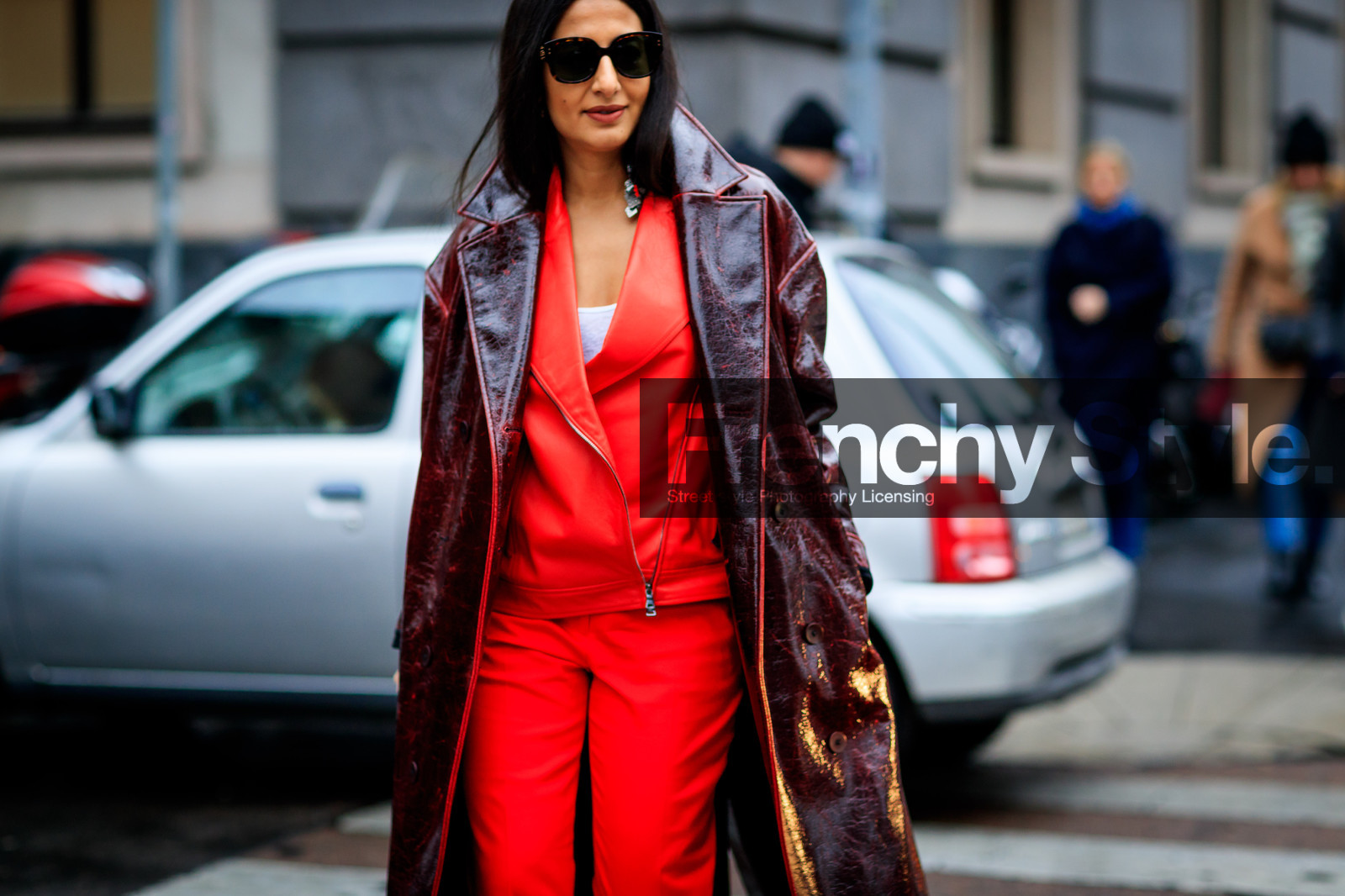 bordeaux, burgundy, leather coat, leather jacket, leather perfecto, red coat, red jacket, red pants, sunglasses, trousers, fashion week, frenchystyle, FW, jonathan paciullo, street style, MFW, MILAN, AUTUMN WINTER 2018-2019, FALL WINTER 2018-2019, FW 18-19, horizontal, atmosphere details, nausheen shah