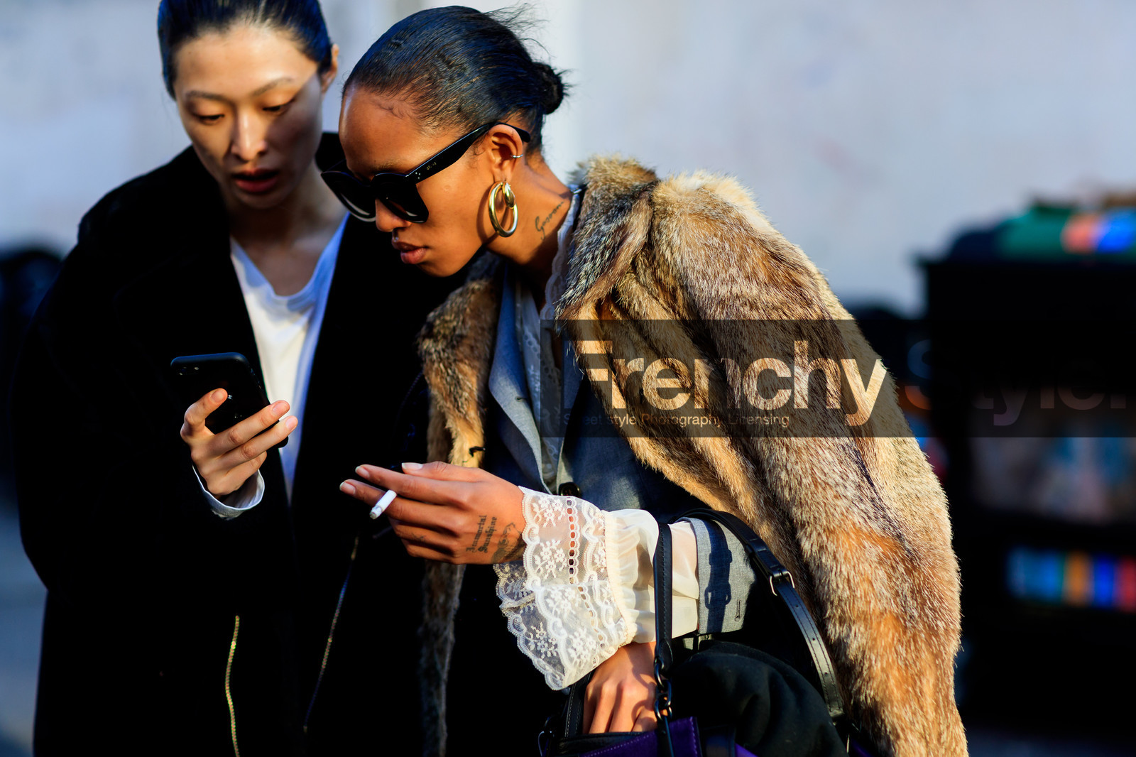 blazer, céline, earrings, Fur coat, grey jacket, natural fur, over the shoulder, sunglasses, tattoos, white shirt, street style, jonathan paciullo, FW, frenchystyle, fashion week, LFW, LONDON, AUTUMN WINTER 2018-2019, AW 18-19, FALL WINTER 2018-2019, FW 18-19, horizontal, atmosphere details, detail, model