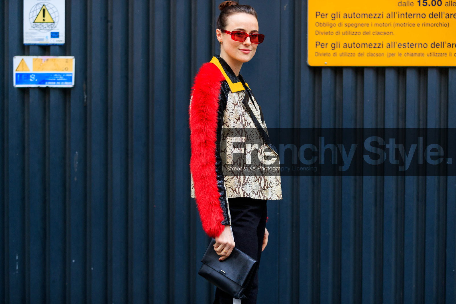 animal print, black bag, black denim, denim pants, graphic jacket, jeans, leather bag, leather jacket, printed jacket, red fur, snake print, sunglasses, trousers, fashion week, frenchystyle, FW, jonathan paciullo, street style, MFW, MILAN, AUTUMN WINTER 2018-2019, FALL WINTER 2018-2019, FW 18-19, horizontal, atmosphere details, alena nurgaleeva, lena lademann