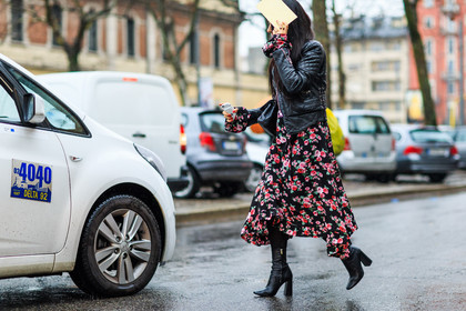 atmosphere details, AUTUMN WINTER 2016-2017, AW 16-17, black boots, black dress, black jacket, black perfecto, FALL WINTER 2016-2017, fashion week, floral, flower, frenchystyle, full length, FW, FW 16-17, high heels, horizontal, jonathan paciullo, leather boots, leather jacket, leather perfecto, LFW, LONDON, MENSWEAR, printed dress, street style