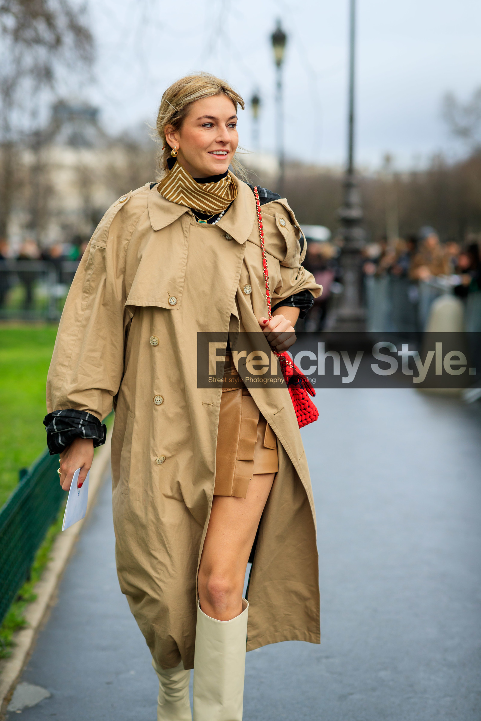 beige coat, beige scarf, beige shoes, beige skirt, camille charriere, chanel, earrings, high boots, leather shoes, leather skirt, printed scarf, stripes, PARIS, PFW, street style, jonathan paciullo, FW, frenchystyle, fashion week, AUTUMN WINTER 2019-2020, AW 19-20, FALL WINTER 2019-2020, FW 19-20, vertical, atmosphere details, detail