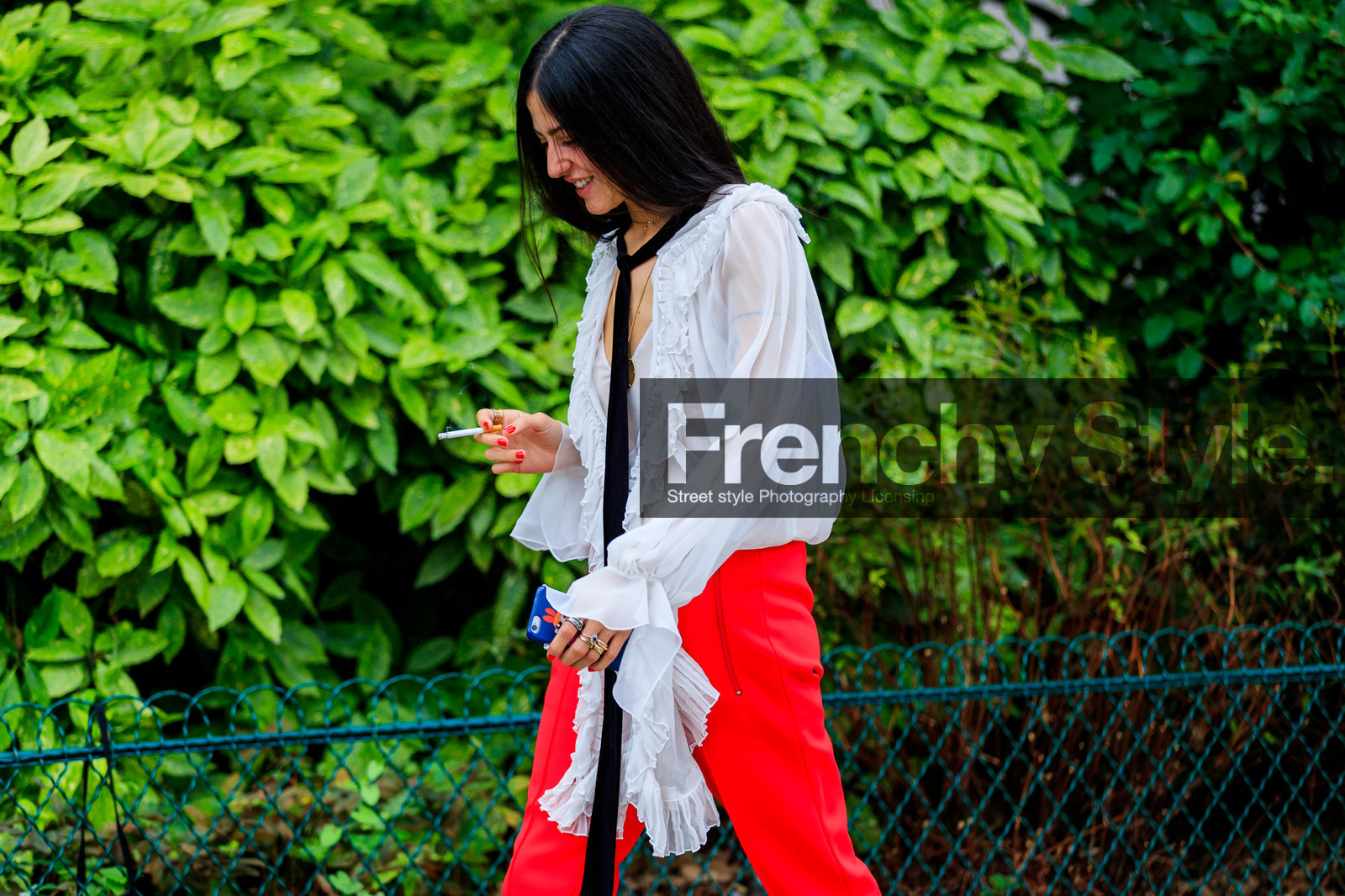 atmosphere details, black scarf, detail, fashion week, frenchystyle, FW, gilda ambrosio, horizontal, jonathan paciullo, PARIS, PFW, red pants, ruffle, SPRING SUMMER 2017, SS 17, street style, trousers, white shirt