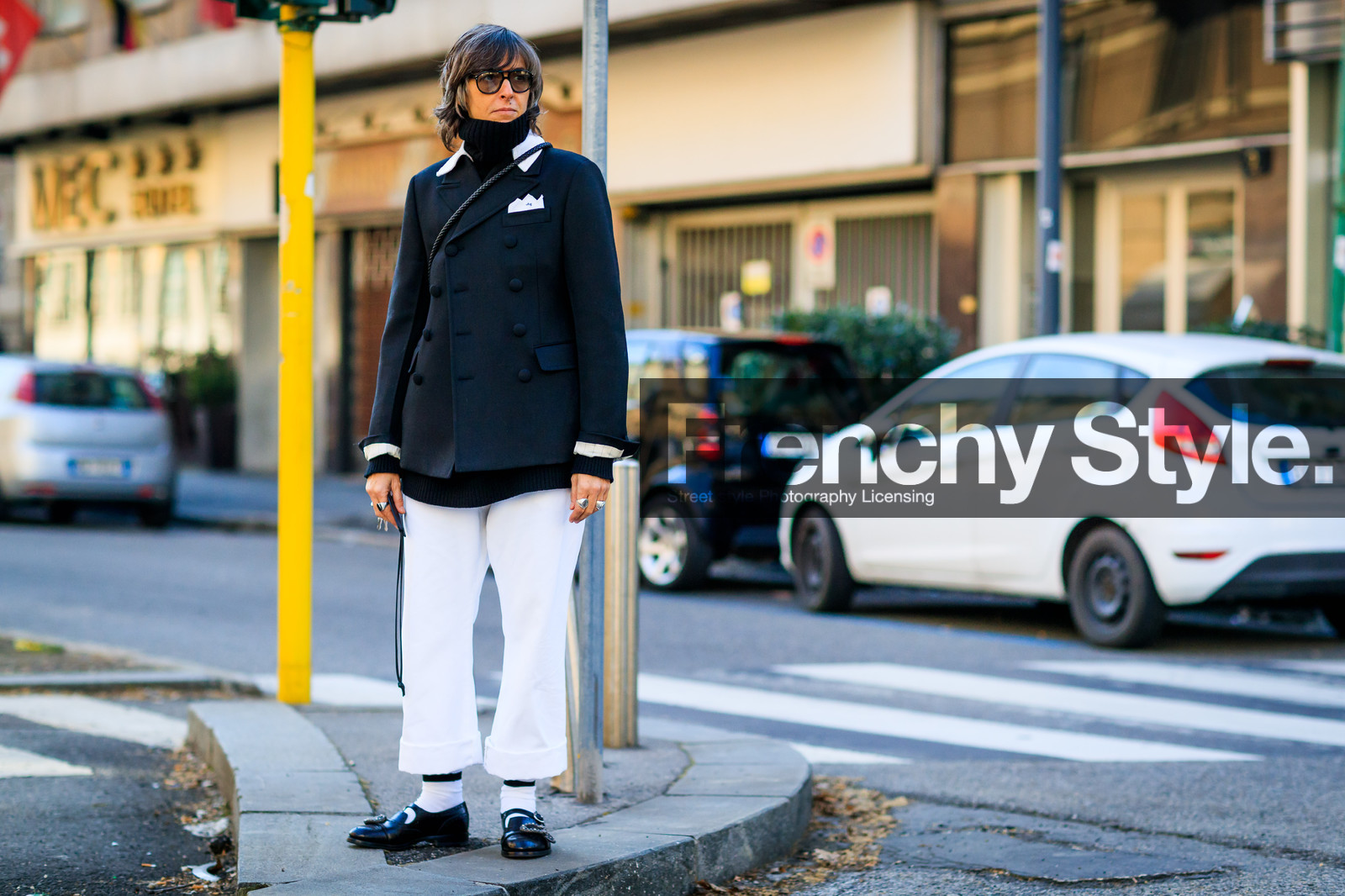atmosphere details, AUTUMN WINTER 2017-2018, AW 17-18, black jacket, black loafers, black turtleneck, blazer, FALL WINTER 2017-2018, fashion week, frenchystyle, full length, FW, FW 17-18, horizontal, jonathan paciullo, leather shoes, MFW, MILAN, street style, sunglasses, trousers, white pants, white socks