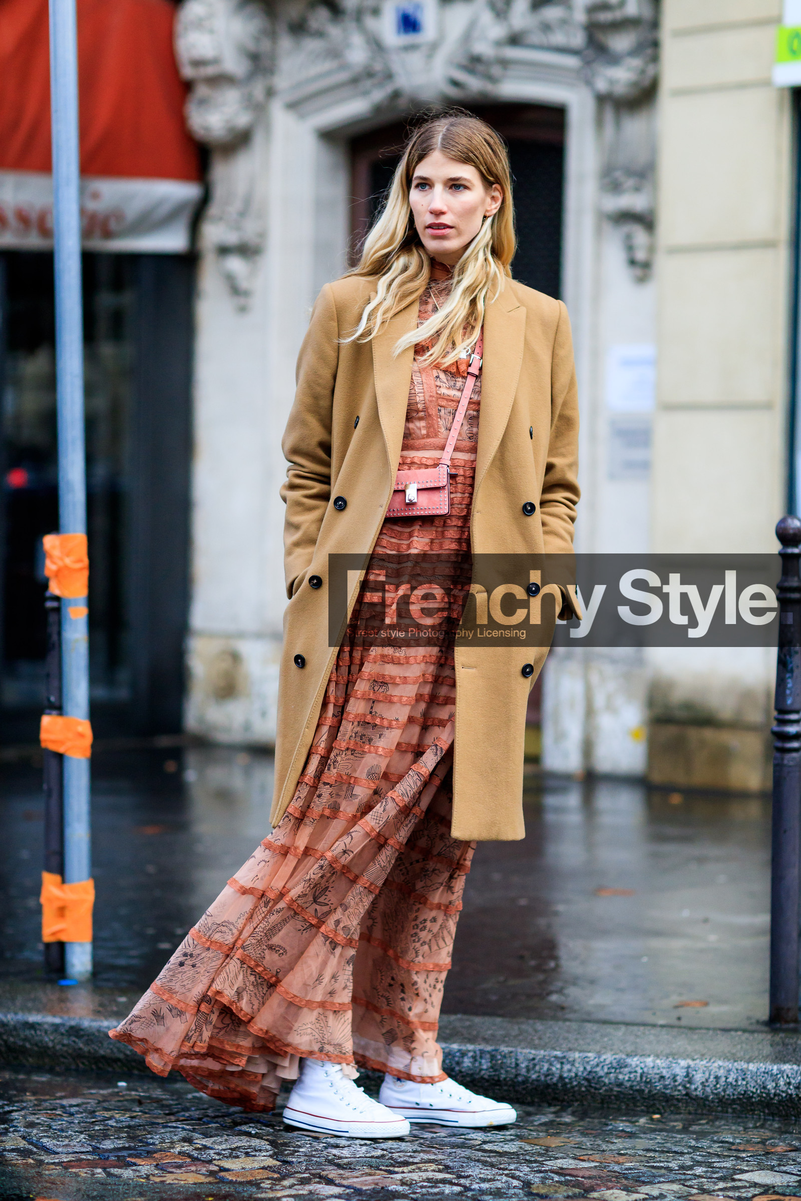 AUTUMN WINTER 2017-2018, AW 17-18, camel coat, cone, converse, embroidered dress, FALL WINTER 2017-2018, fashion week, frenchystyle, full length, FW, FW 17-18, jonathan paciullo, leather bag, leather shoes, mini bag, PARIS, PFW, pink dress, ruffles, silk dress, street style, veronika heilbrunner, vertical, white sneakers
