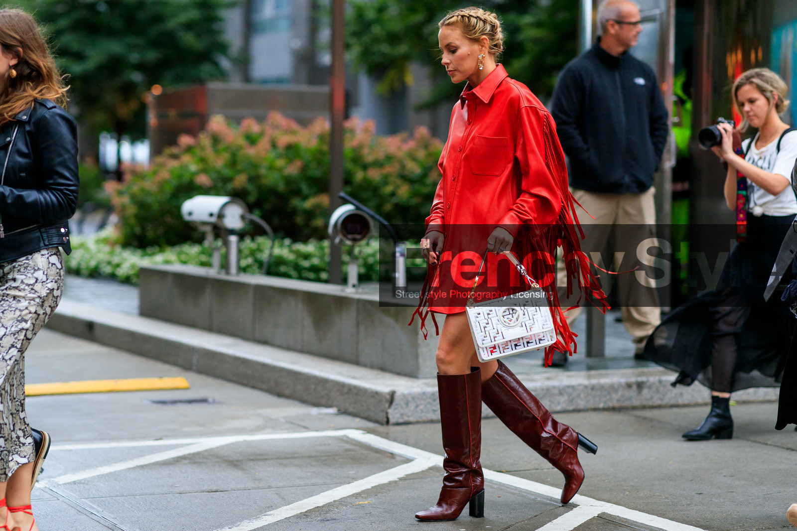 braids, brown boots, earrings, fendi, fringes, graphic bag, high boots, high heels, leather bag, leather shirt, leather shoes, monogram, oversize, printed bag, red shirt, transparent bag, white bag, fashion week, frenchystyle, FW, jonathan paciullo, street style, NEW YORK, NYFW, SPRING SUMMER 2020, SS 20, horizontal, atmosphere details, full length