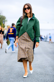 balenciaga, beige skirt, checked skirt, fashion week, frenchystyle, full length, FW, graphic jacket, green jacket, jonathan paciullo, leather shoes, natasha goldenberg, PARIS, PFW, plaid, printed skirt, SPRING SUMMER 2017, SS 17, street style, sunglasses, tartan, vertical, white shoes