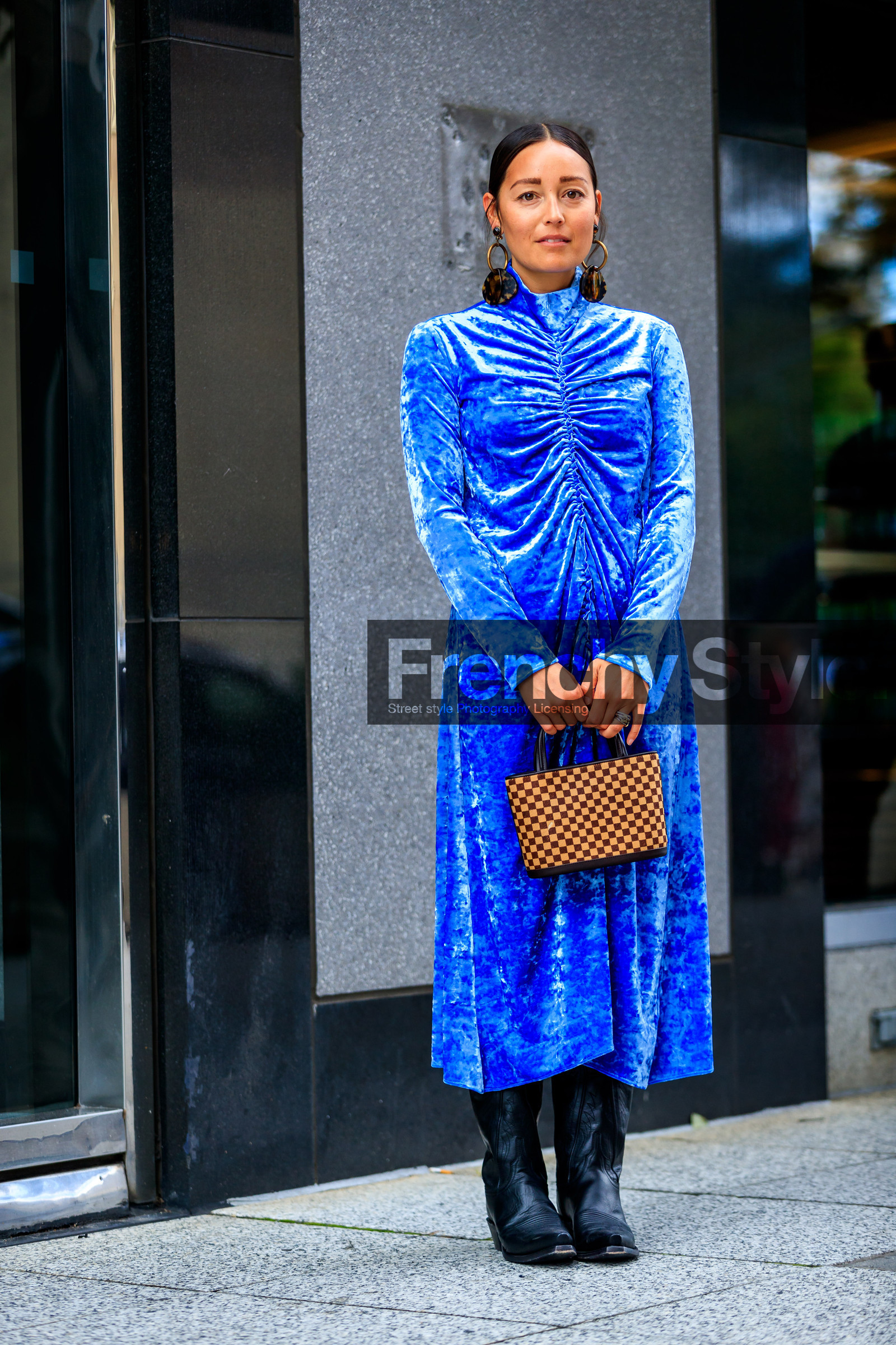 black boots, blue dress, brown bag, cowboy boots, earrings, fashion week, frenchystyle, full length, FW, graphic bag, jonathan paciullo, leather bag, long dress, NEW YORK, NYFW, printed bag, rachael wang, SPRING SUMMER 2018, SS 18, street style, velvet, vertical