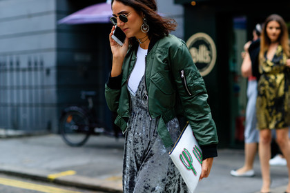 atmosphere details, bomber jacket, choker, detail, earrings, fashion week, frenchystyle, FW, green jacket, grey dress, horizontal, jonathan paciullo, leather bag, LFW, LONDON, soraya bakhtiar, SPRING SUMMER 2017, SS 17, street style, sunglasses, velvet, white clutch, white t shirt, woman