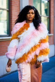 furry coat, multicolor coat, salmon pants, silk pants, baggy pants, mini fendi bag, pink mini bag, hair pin, fluffy coat, stripes coat, details, close up, fashion week, frenchystyle, FW, jonathan paciullo, street style, MFW, MILAN, FALL WINTER 2022_2023, AUTUMN WINTER 2022-2023, FW 22-23, vertical, atmosphere details