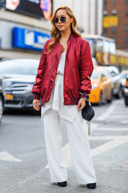 AUTUMN WINTER 2016-2017, AW 16-17, black bag, bomber jacket, dani song, FALL WINTER 2016-2017, fashion week, frenchystyle, full length, FW, FW 16-17, jonathan paciullo, leather bag, mini bag, NEW YORK, NYFW, red jacket, street style, sunglasses, vertical, white pants, white shirt, wide pants, woman