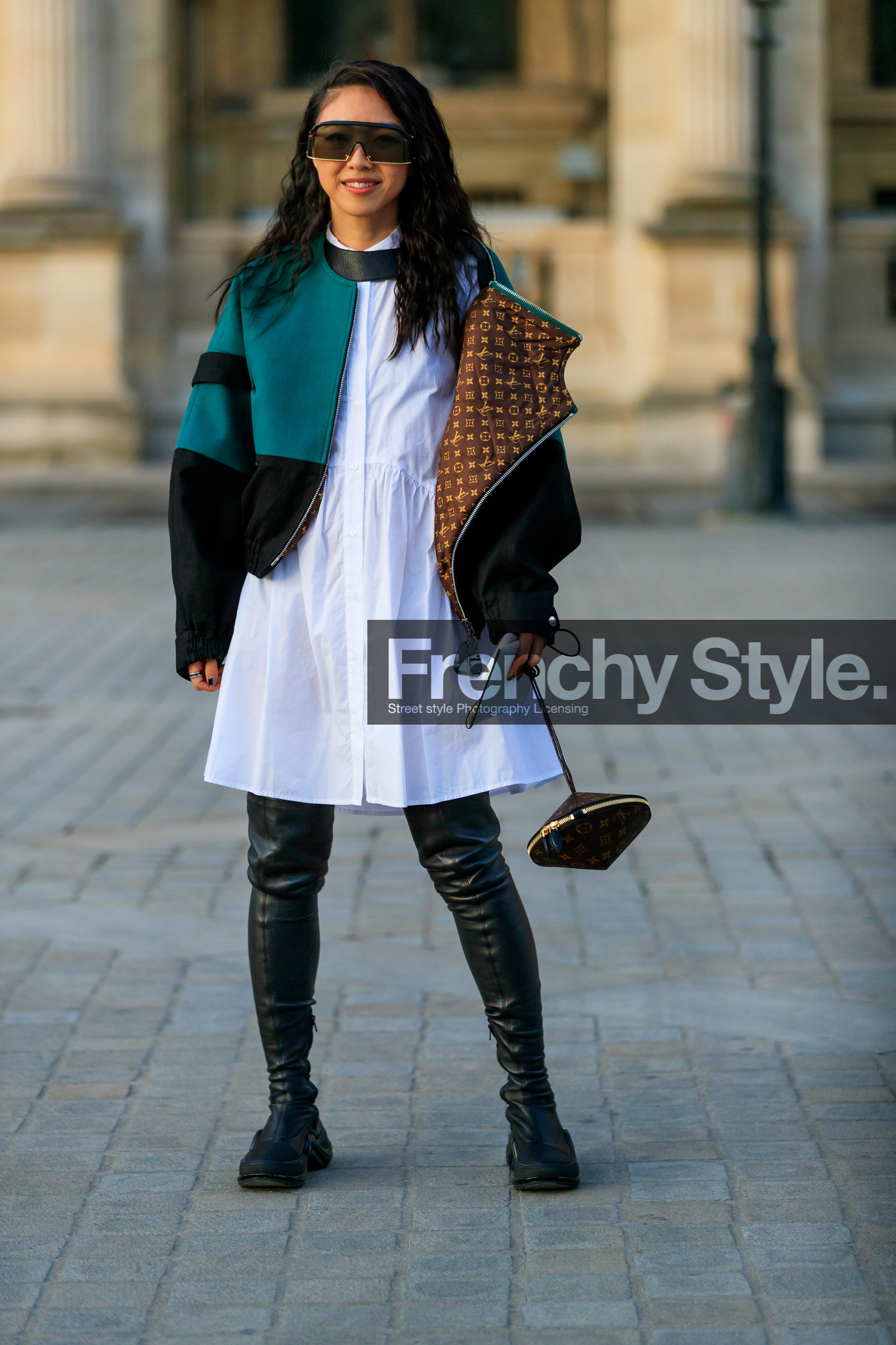 black bag, black shoes, brown bag, graphic bag, graphic jacket, green jacket, high boots, leather bag, leather shoes, louis vuitton, monogram, printed bag, printed jacket, sunglasses, white dress, yuwei zhangzou, PARIS, PFW, street style, jonathan paciullo, FW, frenchystyle, fashion week, AUTUMN WINTER 2019-2020, AW 19-20, FALL WINTER 2019-2020, FW 19-20, vertical, full length