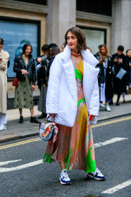adidas, blue bag, down jacket, graphic dress, leather bag, leather shoes, multicolor dress, polka dot, printed dress, white jacket, white sneakers, street style, jonathan paciullo, FW, frenchystyle, fashion week, LFW, LONDON, AUTUMN WINTER 2019-2020, AW 19-20, FW 19-20, FALL WINTER 2019-2020, vertical, full length