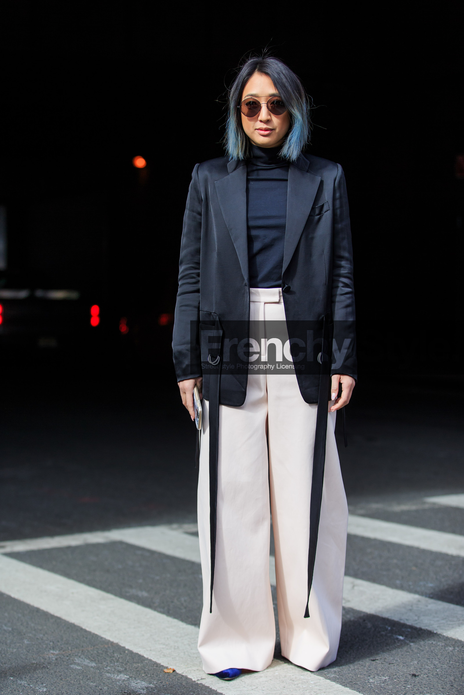 AUTUMN WINTER 2016-2017, AW 16-17, black jacket, black sweater, black turtleneck, blazer, dyed hair, FALL WINTER 2016-2017, fashion week, frenchystyle, full length, FW, FW 16-17, jonathan paciullo, NEW YORK, NYFW, street style, sunglasses, vertical, white pants, wide pants, woman