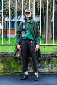 AUTUMN WINTER 2017-2018, AW 17-18, brown loafers, brown pants, FALL WINTER 2017-2018, fashion week, frenchystyle, full length, FW, FW 17-18, geometric, green cap, green coat, green shirt, jonathan paciullo, leather shoes, MFW, MILAN, printed scarf, street style, sunglasses, trousers, vertical