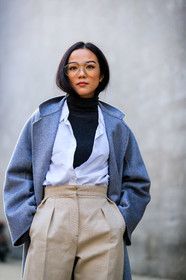 beige pants, black turtleneck, grey coat, sunglasses, trousers, white shirt, yoyo cao, fashion week, frenchystyle, FW, jonathan paciullo, street style, MFW, MILAN, AUTUMN WINTER 2019-2020, AW 19-20, FALL WINTER 2019-2020, FW 19-20, vertical, atmosphere details, detail