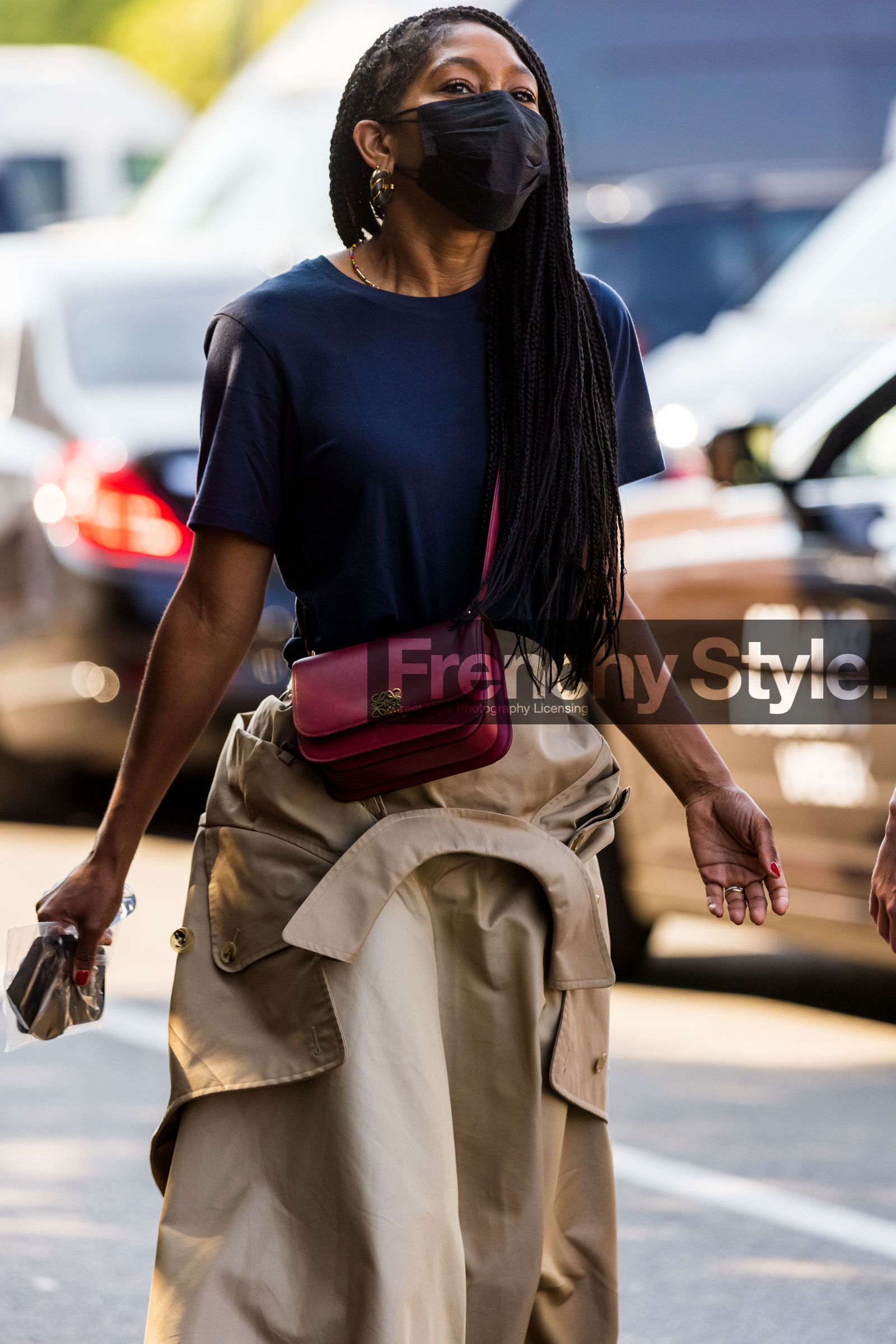 beige skirt, black t-shirt, crossbody bag, facial mask, gold earrings, leather bag, loewe bag, red bag, trenchcoat, fashion week, frenchystyle, FW, jonathan paciullo, street style, SPRING SUMMER 2022, SS 22, MFW, MILAN, vertical, atmosphere details