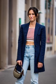Astrid Boutrot, bag, brown bag, crop top, croppted top, denim, gucci bag, jacket, jean, light blue denim, light blue jean, logo print, long jacket, mariniere, navy jacket, print, printed bag, red top, small bag, straigh jeans, straigh pants, stripes, stripes jacket, white crop top, fashion week, frenchystyle, FW, jonathan paciullo, street style, PFW, PARIS, SPRING SUMMER 2022, SS 22, vertical, atmosphere details