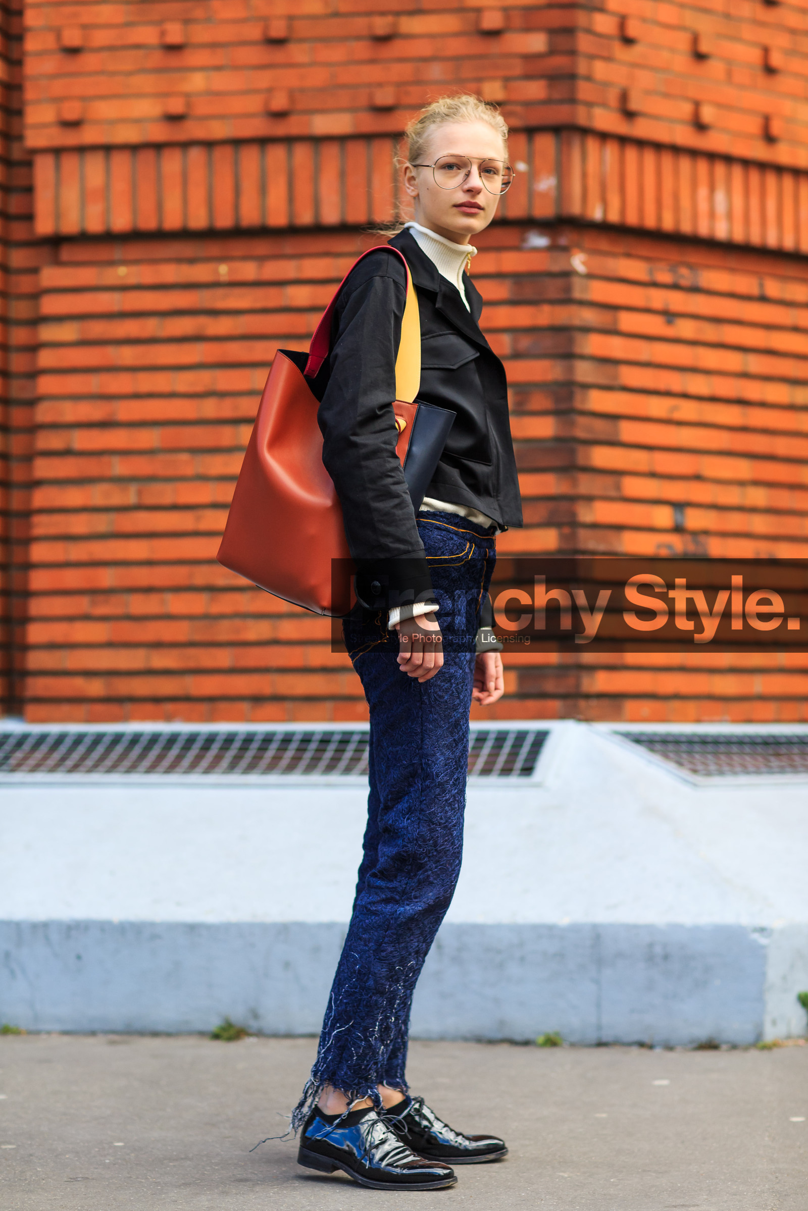 AUTUMN WINTER 2016-2017, AW 16-17, black jacket, black loafers, blue denim, denim pants, FALL WINTER 2016-2017, fashion week, Frederikke Sofie Falbe-Hansen, fredrerikke sofie falbe hansen, frenchystyle, full length, FW, FW 16-17, jeans, jonathan paciullo, leather bag, leather shoes, loafers, model, PARIS, PFW, red, red bag, ripped pants, street style, trousers, varnished leather shoes, vertical, white sweater, yellow
