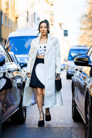 heart skirt, black skirt, white coat, white trench, assymetric bra, white bra, black bag, bucket bag, platform pumps, black pumps, pony tail, heart top, jessica wang, fashion week, frenchystyle, FW, jonathan paciullo, street style, vertical, full length