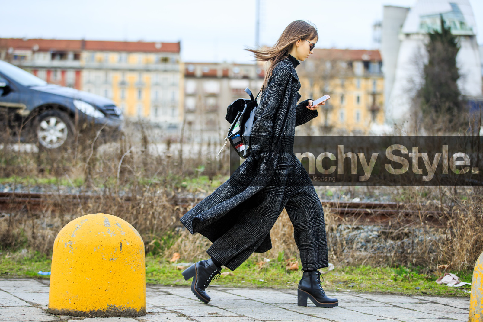 atmosphere details, AUTUMN WINTER 2016-2017, AW 16-17, black bag, black boots, check jumpsuit, checked coat, FALL WINTER 2016-2017, fashion week, frenchystyle, full length, FW, FW 16-17, graphic coat, graphic jumpsuit, grey coat, grey jumpsuit, horizontal, iphone, jonathan paciullo, lace up shoes, leather backpack, leather boots, LFW, LONDON, long coat, MENSWEAR, model, plaid jumpsuit, printed coat, printed jumpsuit, street style, striped coat, striped jumpsuit, stripes, sunglasses, tone on tone, total look grey, varnished leather
