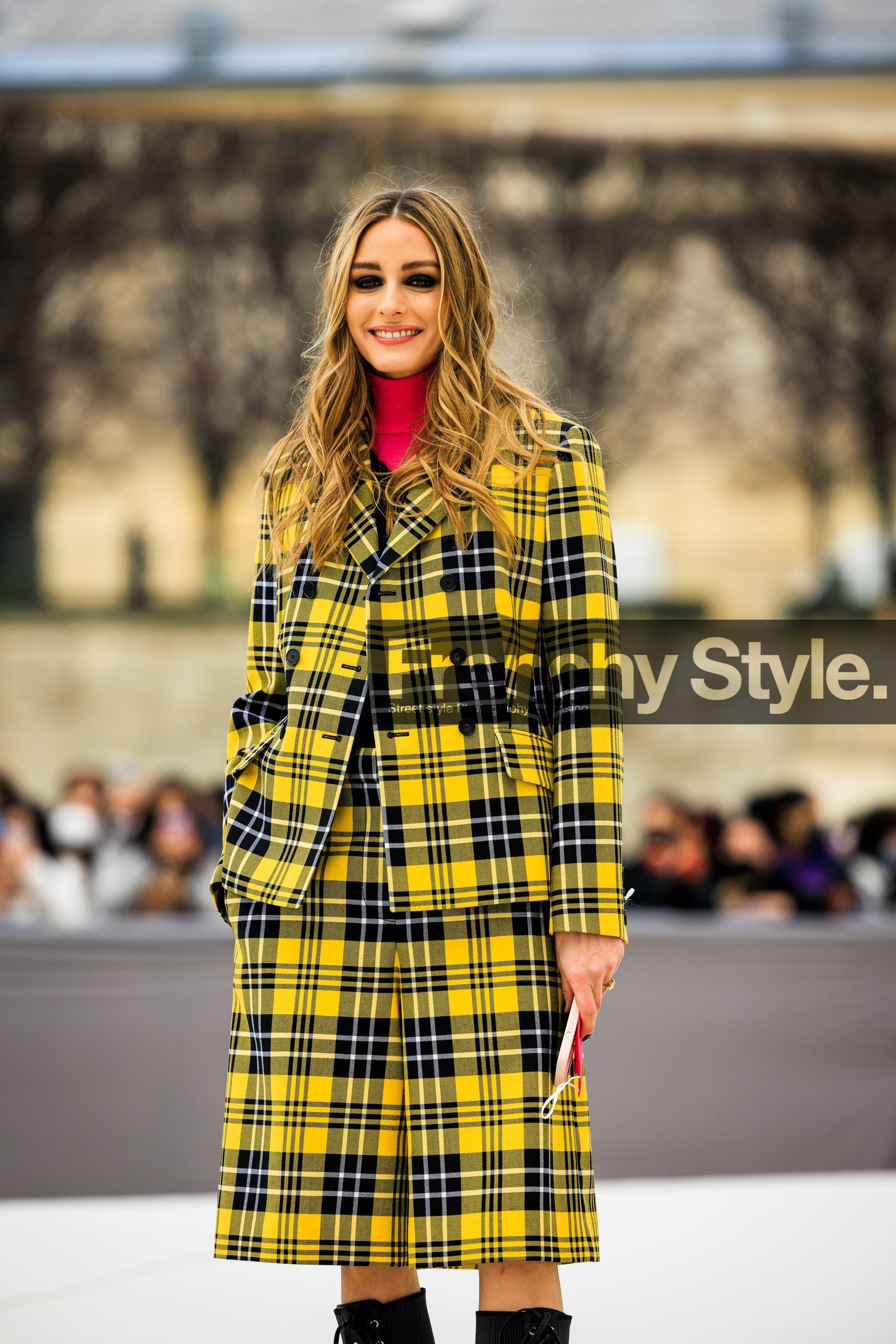 plaid skirt, plaid, jacket, yellow jacket, yellow skirt, dior, full plaid look, red turtleneck, olivia palermo, fashion week, frenchystyle, FW, jonathan paciullo, street style, AUTUMN WINTER 2022-2023, FALL WINTER 2022_2023, FW 22-23, PFW, PARIS, vertical, detail