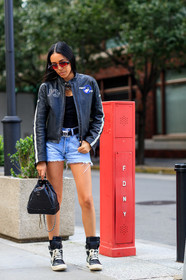 black bag, black belt, black jacket, black sneakers, blue denim, chanel, denim shorts, fashion week, frenchystyle, full length, FW, jonathan paciullo, leather bag, leather jacket, leather sneakers, NEW YORK, NYFW, SPRING SUMMER 2018, SS 18, street style, sunglasses, vertical, y-3, yohji yamamoto