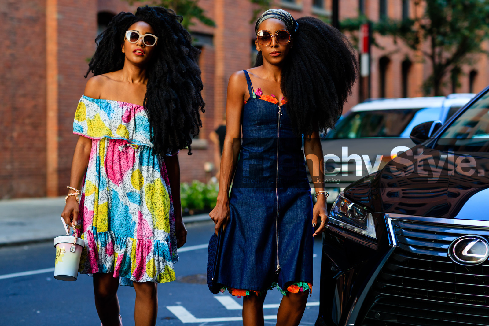 atmosphere details, blue denim, blue dress, bustier dress, Cipriana And Takenya Quann, denim dress, detail, fashion week, frenchystyle, FW, horizontal, jonathan paciullo, leather bag, NEW YORK, NYFW, off the shoulder, pink, printed dress, scarf, SPRING SUMMER 2017, SS 17, street style, sunglasses, tie & die, turquoise, white, white bag, woman, yellow, zip