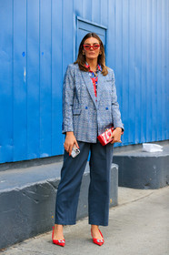 tezza, red sunglasses, butterfly sunglasses, red shirt, floral printed shirt, checked jacket, blue jacket, grey pants, red suede shoes, strassed shoes, sharp end shoes, red clutch, iphone, hoop earrings, golden earrings, cropped pants, loose pants, fashion week, frenchystyle, FW, jonathan paciullo, street style, FALL WINTER 2020-2021, AUTUMN WINTER 2020-2021, FW 20-21, vertical, full length, NYFW, NEW YORK