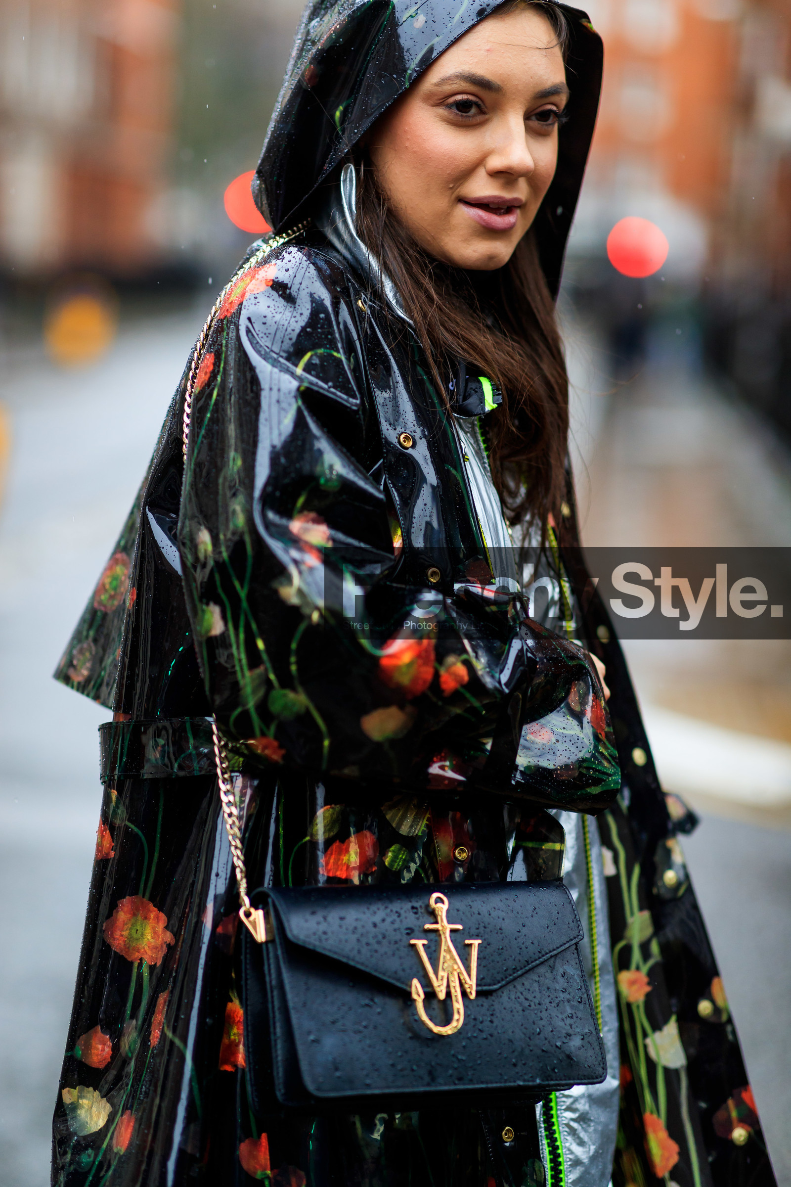 black bag, black coat, floral, flowers, graphic jacket, hood, jw anderson, leather bag, printed jacket, rain coat, LONDON, LFW, fashion week, frenchystyle, FW, jonathan paciullo, street style, AUTUMN WINTER 2019-2020, AW 19-20, FW 19-20, FALL WINTER 2019-2020, vertical, atmosphere details, detail