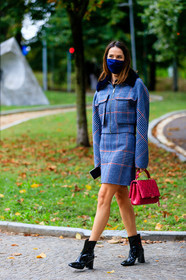 blue jacket, blue bombers, blue skirt, checked bombers, checked jacket, checked skirt, mini skirt, fur collar jacket, zipped jacket, black polish boots, low boots, high heels boots, polish boots, red leather bag, quilted bag, hand bag, red jacket, red bombers, red skirt, covid face mask, street style, jonathan paciullo, FW, frenchystyle, fashion week, MFW, MILAN, SPRING SUMMER 2021, SS 21, vertical, full length