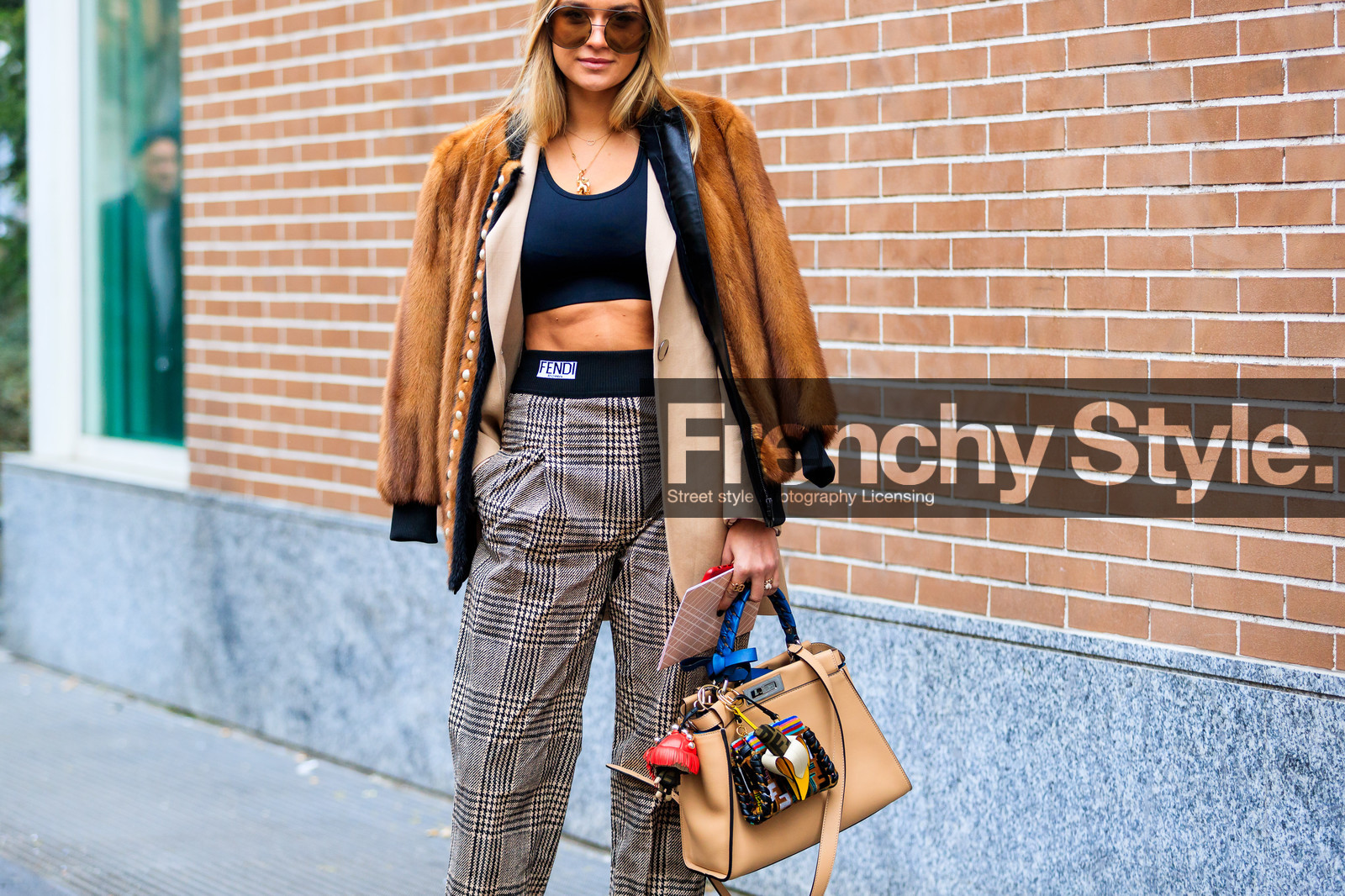 beige bag, beige jacket, black bra, blazer, brown fur, brown jacket, checked, fendi, fur jacket, graphic bag, graphic pants, leather bag, mini bag, multicolor bag, over the shoulder, plaid, printed bag, printed pants, sunglasses, trousers, fashion week, frenchystyle, FW, jonathan paciullo, street style, MFW, MILAN, AUTUMN WINTER 2018-2019, FALL WINTER 2018-2019, FW 18-19, horizontal, atmosphere details, nina suess