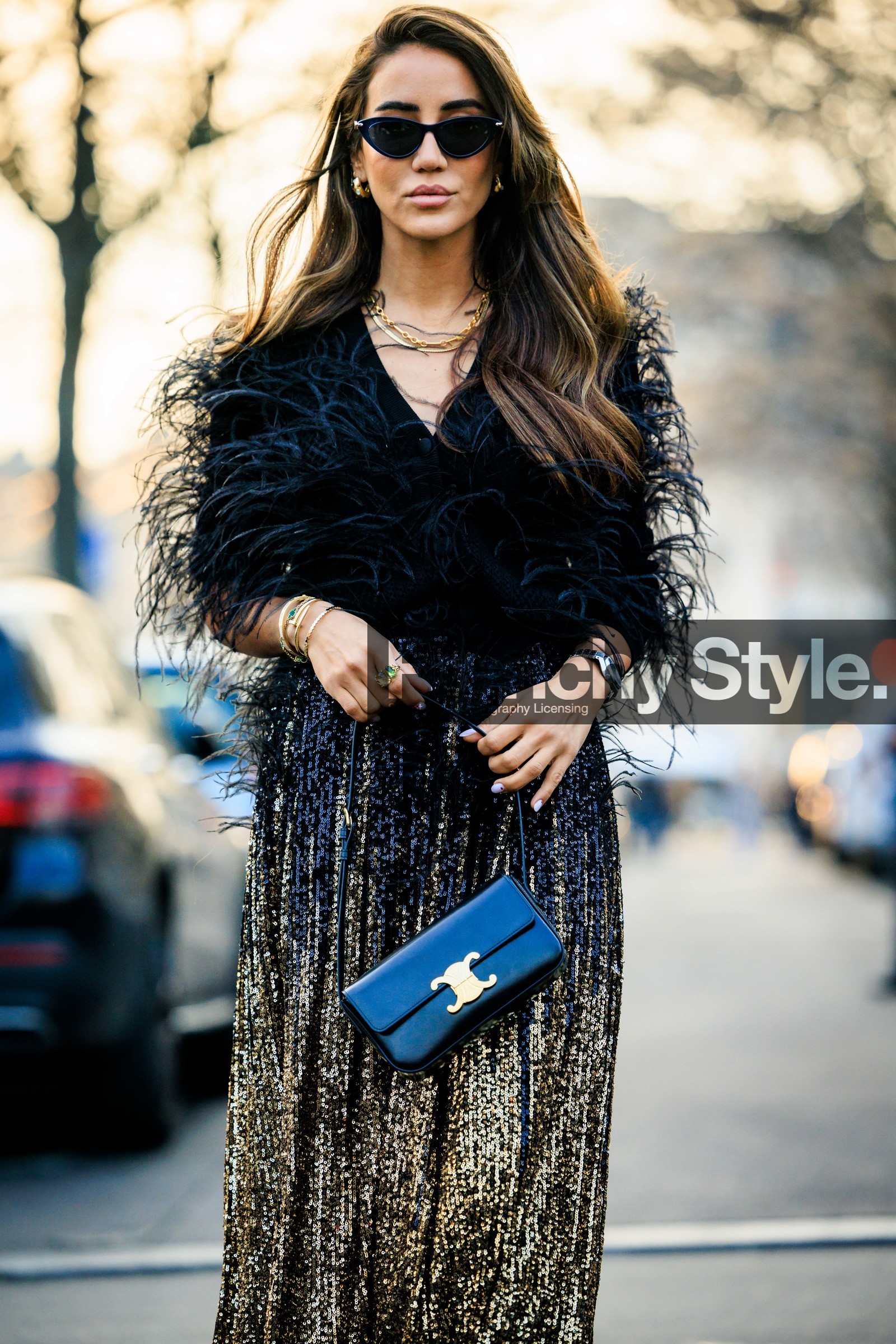black sunglasses, feathered dress, black dress, gold sequins dress, golden necklace, celine bag, black handbag, logo bag, tamara kalinic, street style, jonathan paciullo, FW, frenchystyle, fashion week, AUTUMN WINTER 2022-2023, FALL WINTER 2022_2023, FW 22-23, PARIS, PFW, vertical, detail