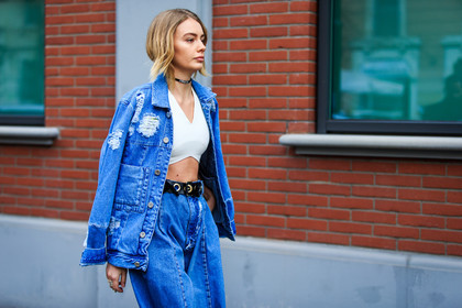 alina gelzina, atmosphere details, AUTUMN WINTER 2016-2017, AW 16-17, black belt, blue denim, choker, crop top, denim jacket, denim pants, detail, FALL WINTER 2016-2017, fashion week, frenchystyle, FW, FW 16-17, horizontal, jeans, jonathan paciullo, leather belt, LFW, LONDON, MENSWEAR, necklace, street style, trousers, white top