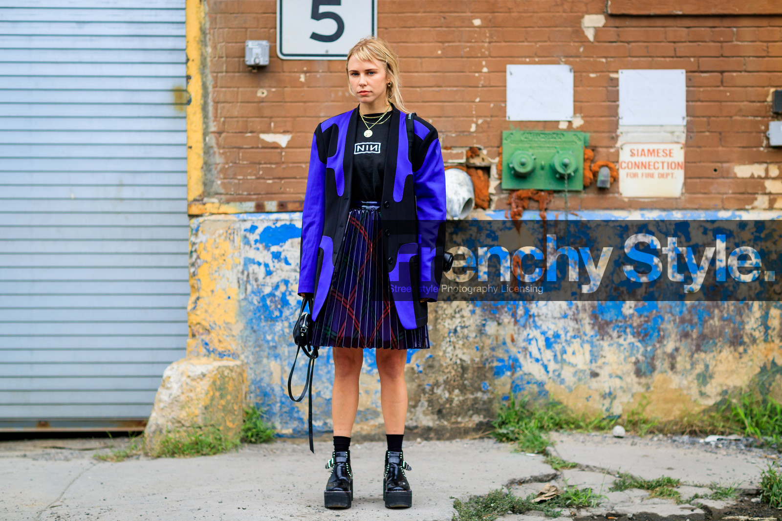 alexander wang, black bag, black shoes, black t shirt, blue jacket, courtney trop, graphic jacket, graphic skirt, leather bag, leather shoes, leather skirt, necklace, pleated skirt, printed jacket, printed skirt, printed t shirt, purple skirt, studs, street style, jonathan paciullo, FW, frenchystyle, fashion week, NYFW, NEW YORK, SPRING SUMMER 2019, SS 19, atmosphere details, horizontal, full length