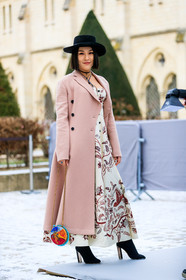 black hat, black shoes, christian dior, graphic dress, high heels, leather bag, leather shoes, multicolor bag, orange, pink coat, printed dress, turquoise, white dress, yellow, fashion week, frenchystyle, FW, jonathan paciullo, street style, PFW, PARIS, AUTUMN WINTER 2018-2019, FALL WINTER 2018-2019, FW 18-19, vertical, full length
