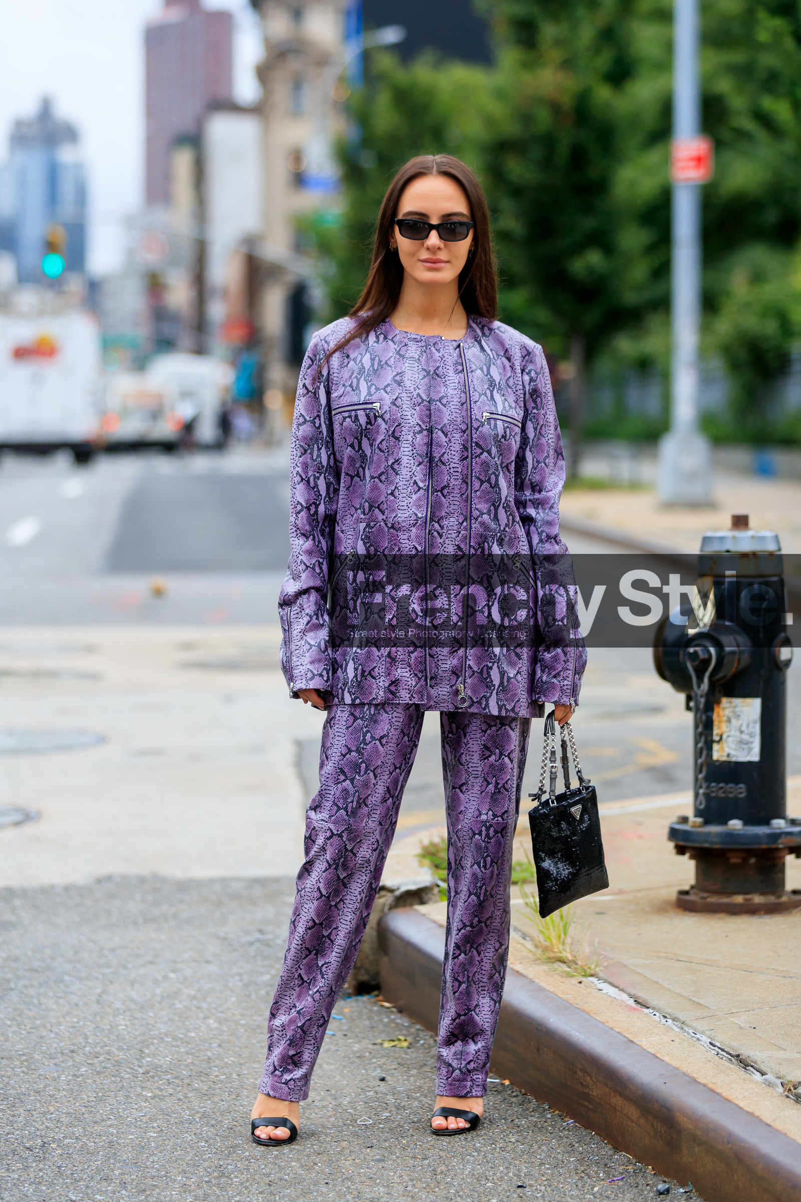 animal print, black bag, black shoes, glitter, graphic jacket, graphic pants, high heels, leather jacket, leather pants, leather shoes, prada, printed jacket, printed pants, purple jacket, purple pants, sequined bag, snake print, sunglasses, trousers, street style, jonathan paciullo, FW, frenchystyle, fashion week, NEW YORK, NYFW, SPRING SUMMER 2020, SS 20, vertical, full length