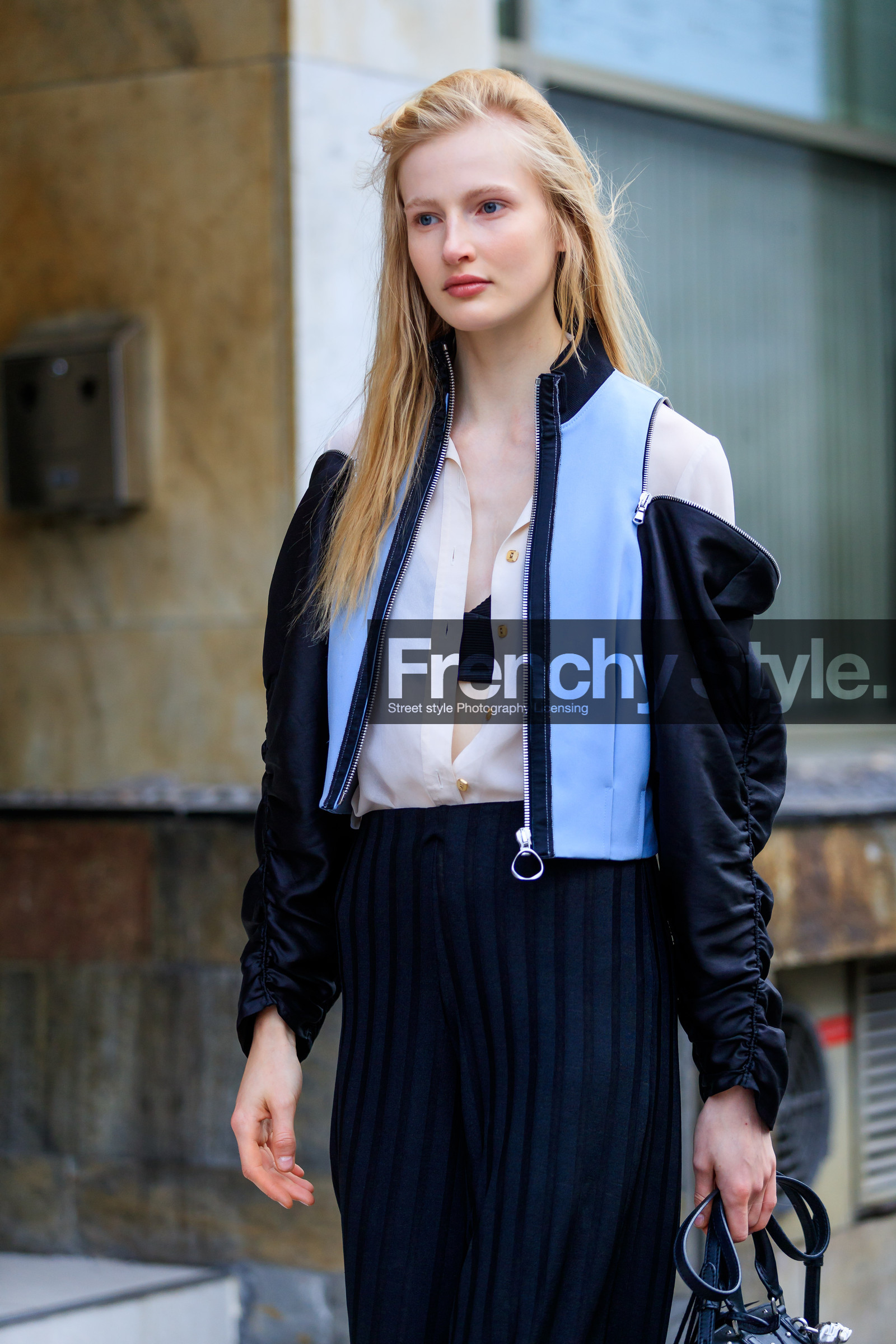 atmosphere details, black bra, black pants, blue jacket, cold shoulder, detail, fashion week, frenchystyle, FW, graphic jacket, graphic pants, jonathan paciullo, PARIS, PFW, printed jacket, printed pants, SPRING SUMMER 2018, SS 18, street style, vertical, white shirt, zip, model