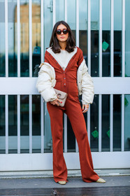 AUTUMN WINTER 2017-2018, AW 17-18, beige bag, beige shoes, brown jumpsuit, diletta bonaiuti, down jacket, FALL WINTER 2017-2018, fashion week, frenchystyle, full length, FW, FW 17-18, jonathan paciullo, jw anderson, leather bag, leather shoes, MFW, MILAN, off the shoulder, street style, sunglasses, trousers, vertical, white jacket, white knit