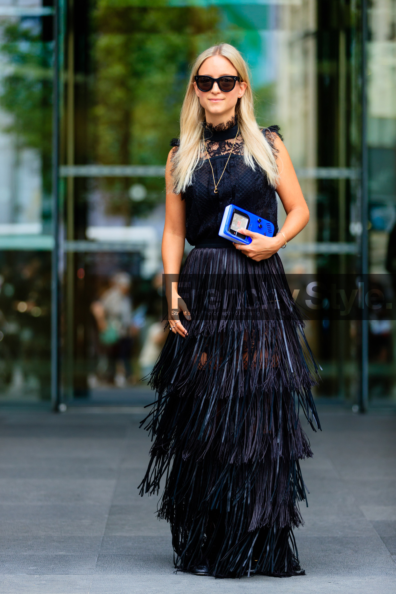 AUTUMN WINTER 2016-2017, AW 16-17, black dress, blue bag, Charlotte Groeneveld, FALL WINTER 2016-2017, fashion week, frenchystyle, fringes, full length, fun bag, FW, FW 16-17, HAUTE COUTURE, jonathan paciullo, lace, long dress, MENSWEAR, PARIS, PFW, see through, street style, sunglasses, vertical